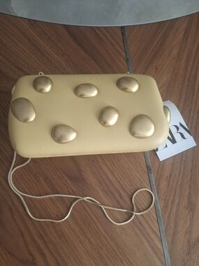 ZARA Cream Clutch with Gold Stud Accents
